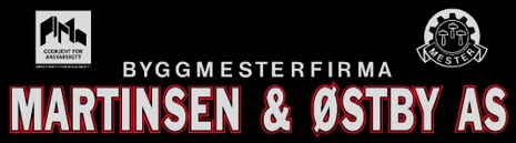 Byggmester Martinsen og Østby AS logo hvit og rød med sort bakgrunn